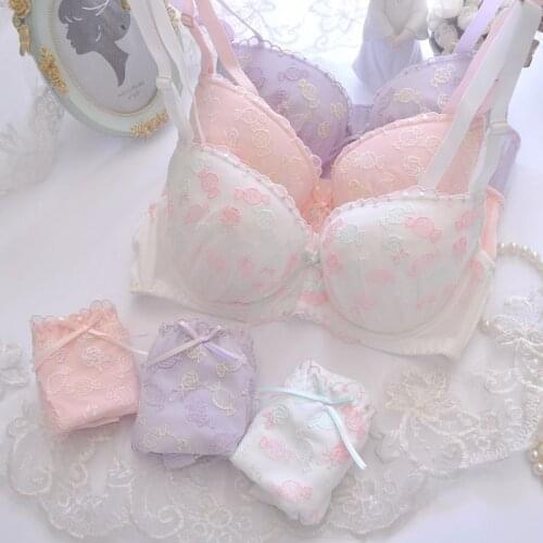 3 Colors Small Candy Cute Japanese Bra & Panties Set Soft Sister Underwear Comfortable Sleep Intimates Kawaii Lolita Large Size