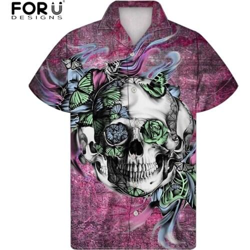 FORUDESIGNS Tropical Hawaiian Sugar Skull Print Cuban Neck Beach Clothing Male Button Down Short Sleeved Tops Blouse Camisas