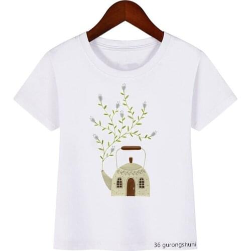 Teapot House Tree Pattern Print T Shirt T-shirt Boy Girl Cute Kid Clothes Cartoon Summer Short-sleeved Children Tops Wholesale