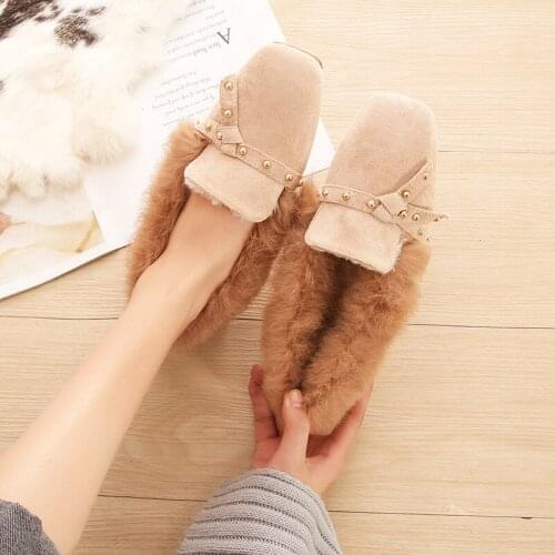 Rabbit fur winter shoes woman rivets bow-knot mules flats square toe flock loafers with cozy plush moccasions plus size 43 s523