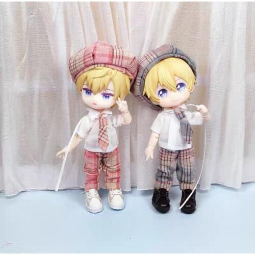 OB11 doll clothes are suitable for the 1/12 fashion new white tie shirt + plaid slim trousers + cap 3 piece suit uniform series