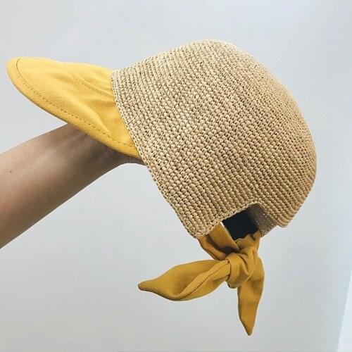 Summer 2020 Raffia crochet cloth along with female back bowknot baseball cap equestrian cap duck tongue straw hat
