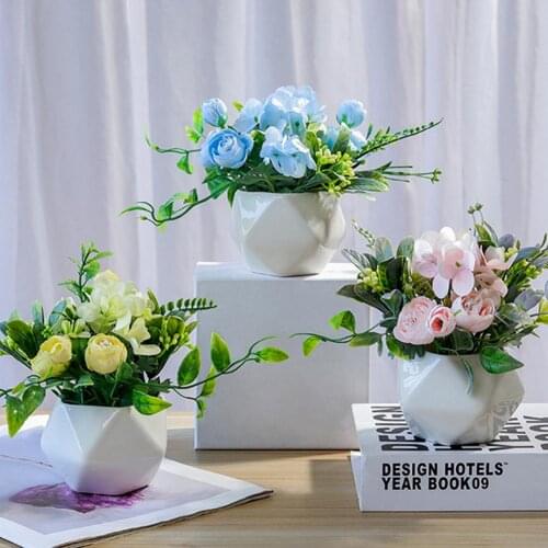 Modern Artificial Ceramic Flower Pot Arrangement Vase Desk Fake Bouquet Potted Plant Living Room Home Decor Wedding Decoration