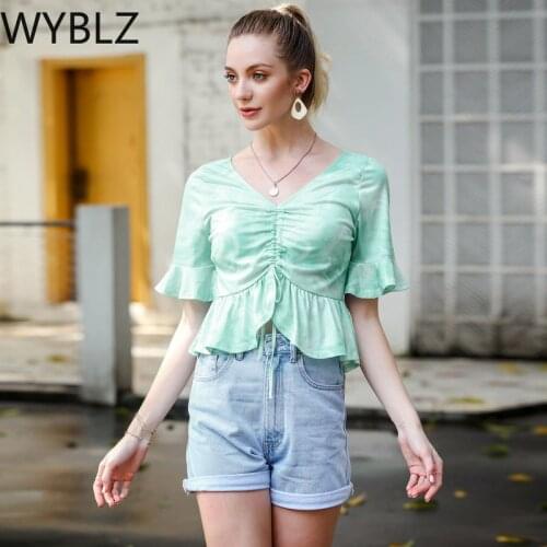 WYBLZ Blouse Women New Fashion Summer Sexy Sweet Solid Soft Ruffle V-neck Tie-dye Printed Puff Sleeve Short Top