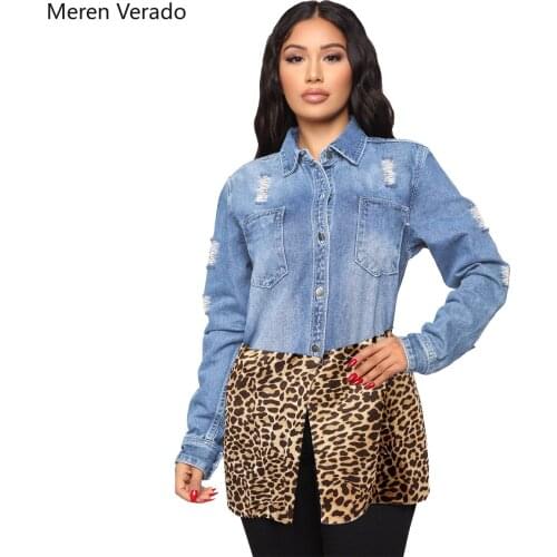 Meren Verado Plus Size Women Denim Jacket Turn-down Collar Single-Breasted Ripped Hole Leopard Patchwork Fashion Denim Coat