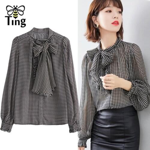 Tingfly Vintage Elegant Bowknot Ruffels Plaid Casual Blouses Lady Office Work Blusas Summer Chiffon Female Shirt Moda Streetwear
