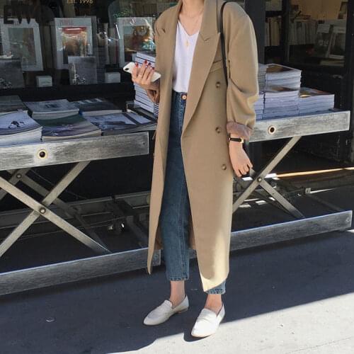 [EWQ] Korea Chic Temperament Khaki Blazer Womens Autumn 2021 New Notched Loose Double Breaste Long Sleeve Long Suit Jacket