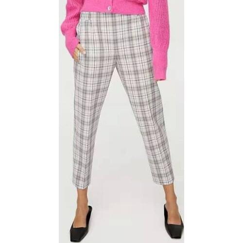 Plaid Front Pleated Pocket with Elastic Waist Women Pants