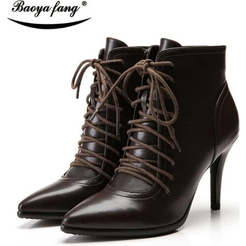 BaoYaFang Womens Winter Boots leather ankle boots woman Brown black ladies shoes High heels fashion winter Boots New