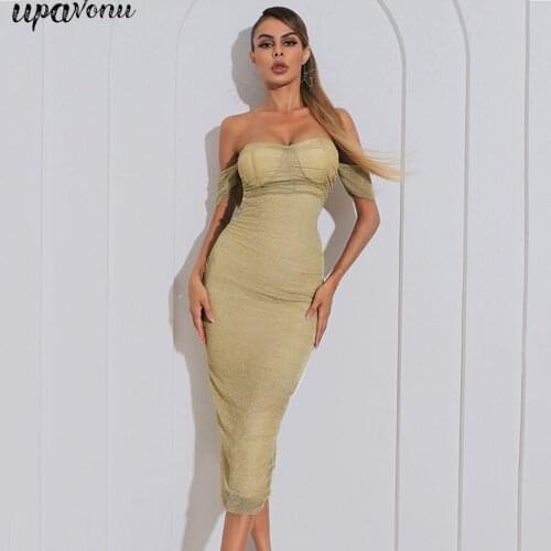Free Shipping Shiny Card Shoulder Midi Bandage Dress 2021 Summer Womens Off-the-shoulder Bodycon Sexy Club Evening Party Dress