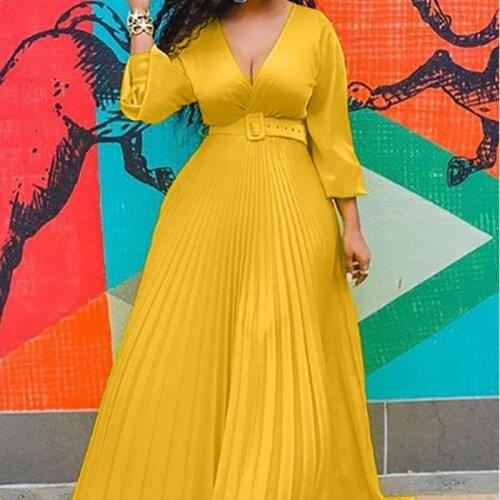 Plus Size Long Sleeve A Line Dress High Waist Pleated Solid Color Elegant Retro Maxi Dresses for Women Summer Holiday Beach Wear