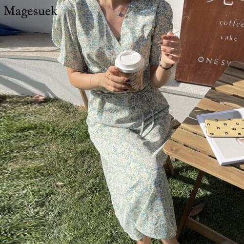 Korean Print Floral Chiffon Dress Women Summer New Short Sleeve Elegant Dress Lace Up V Neck Dresses Plus Size 4XL Vestido 15230