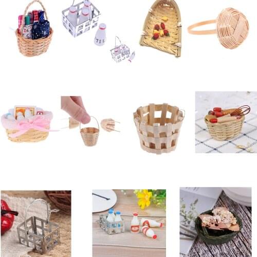 1/12 Dollhouse Miniature Mini Bamboo Rattan Frame Basket Sewing with Fabric Milk Basket with Bottles Simulation Food Basket Toys