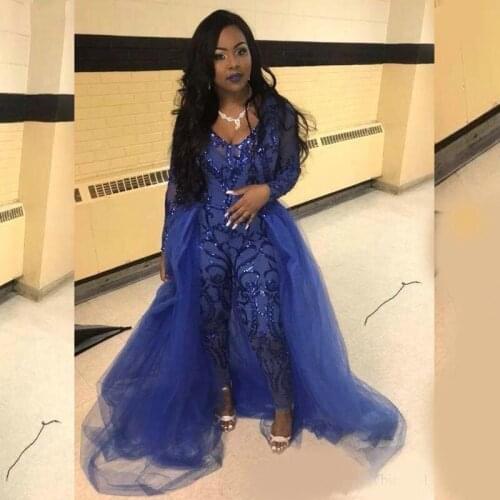 2021 Royal Blue Jumpsuit Prom Dresses With Overskirts V Neck Long Sleeve Sequined Evening Gowns Plus Size African Pageant Pants