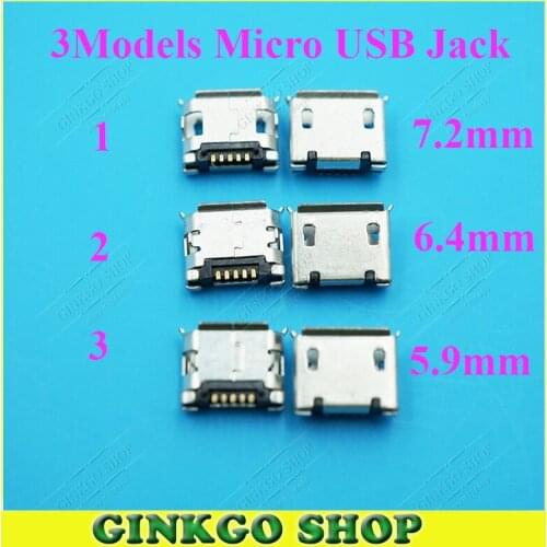 3Model 300pcs 5.9mm/6.4mm/7.2mm 5Pin 5P SMT Micro USB Tail Charging Connector Smartphone Mobile Phone Charging Socket 5p V8 Port