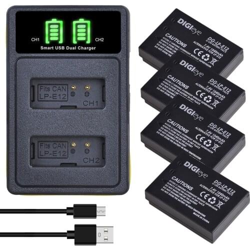 4Pcs 1050mAh LP-E12 LP E12 LPE12 Li-ion Battery + LCD USB Dual Charger for Canon EOS M50, EOS M100,100D Kiss X7 Rebel SL1 Camera
