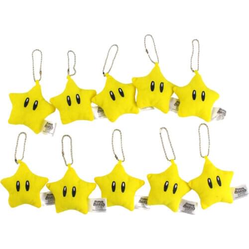8cm 10pcs/Lot Anime Super Mario Yellow Star Plush Toys Key Chains Soft Stuffed Cartoon Pendants Gifts