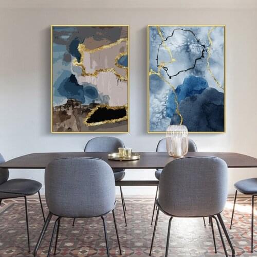 Abstract Blue Gold Marble Poster Modern Trendy Canvas Painting Minimalism Wall Art Prints Picture for Living Room Interior Decor