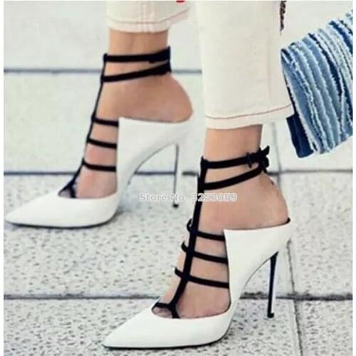 ALMUDENA Women White Black Mixed Color Pointed Toe Pumps Criss Cross Strappy Buckle Shoes Stiletto Heels Shallow Pumps Dropship