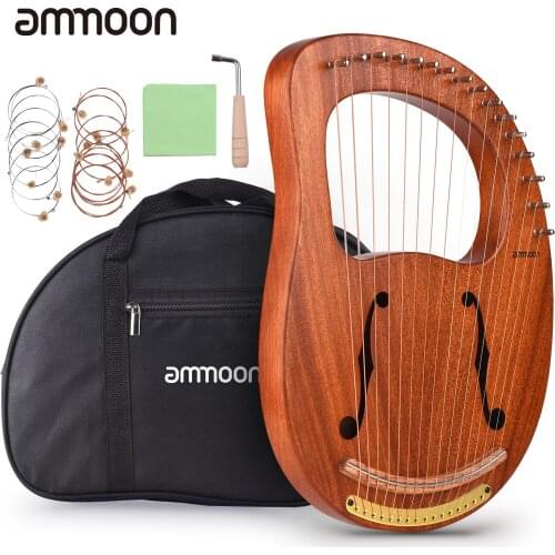 Ammoon WH-16 16-String Wooden Lyre Harp Metal Strings Solid Wood String Tuning Wrench Cleaning Spare Strings Cloth MusicBook