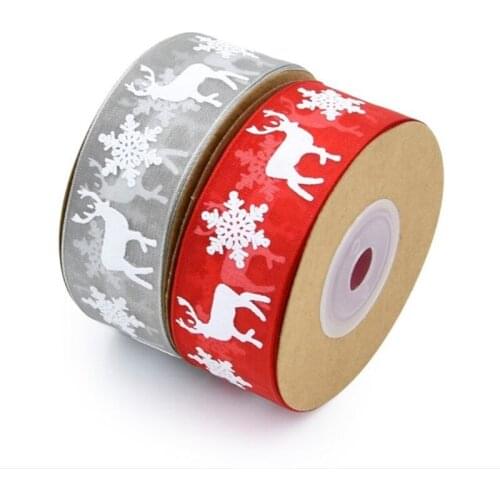 Hot sale two color 5m wide 2.5cm Printed Christmas decoration snow yarn with birthday gift wrap holiday snow deer red ribbon