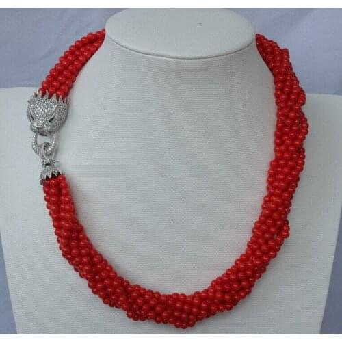 Beautiful 8strds Red Coral Round necklace-zircon clasp