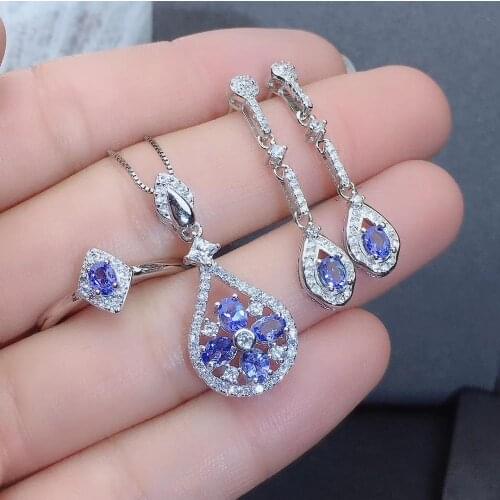 Best Gift Natural and Real Tanzanite Jewelry set 925 sterling silver 1pc Ring,1pc Pendant,2pcs Earring