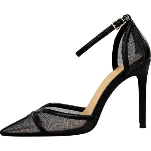 Fashion sexy mesh Ankle straps Pumps Women shoes High Heels pointed Ladies hollow Party shoes