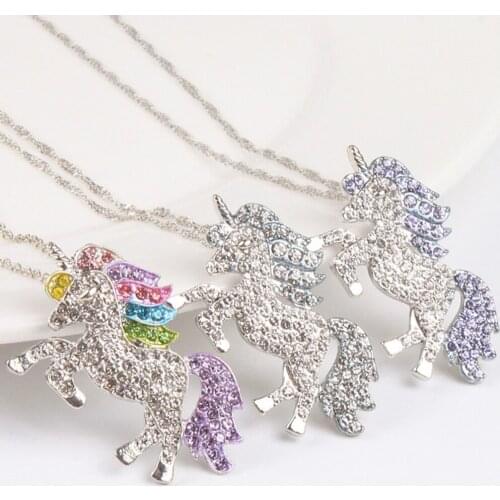 Trendy Rhinestone Necklace For Women Baby Gifts High Quality Unicorn Animal Crystal Necklace Girls Rainbow Necklaces & Pendants