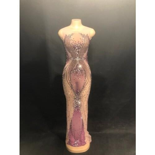 2020 Womens New Sparkly Rhinestones Mesh Long Dress Birthday Party Dress Dance Outfit See Through Prom Celebrate Dresses