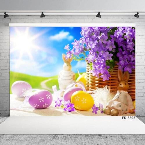 Easter Egg Bunny Purple Flowers Sunshine Photo Background Custom Backdrop for Children Baby Shower Photocall Photography Props