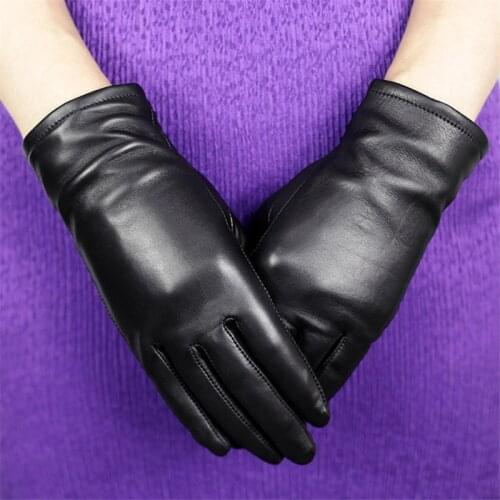 Genuine Leather Gloves Female Fashion Simple Sheepskin Gloves Plus Velvet Thicken Black Basic Style Womans Gloves DQ204
