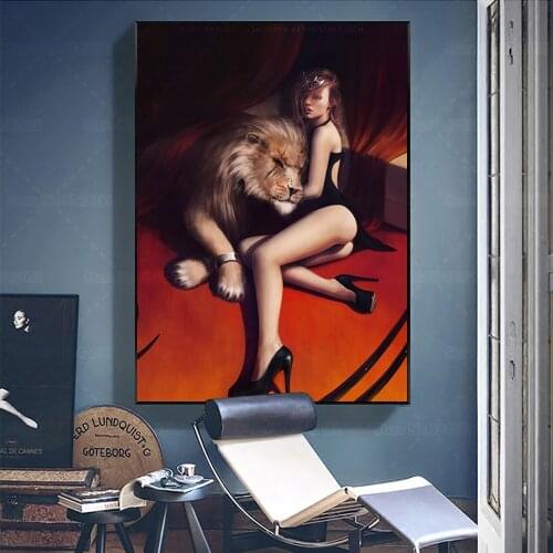 Sexy Women and Fierce Lion Poster Beast and Hot Girl Canvas Painting Wall Art Decor for Living Room