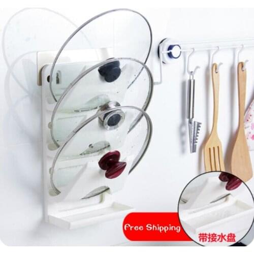 Plastic Seamless Lid Storage Rack With Drainer Tray Multifunctional Kitchen Supplies Wall Shelf