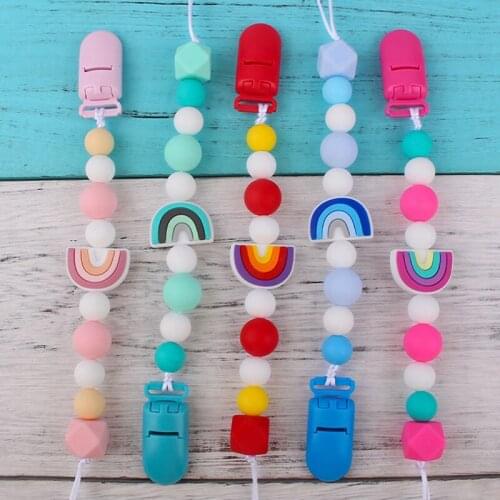Rainbow Silicone Teether Beads Baby Pacifier Clips Nipple Chain Infant Dummy Pacifier Baby Teether Rodent Toddler Products