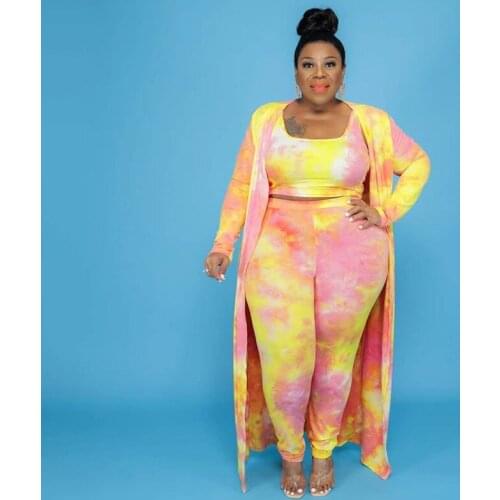 RMSFE 2021 Women Large Long Sleeved Cardigan Sleeveless Vest Tie Dyeing Casual Fashion Three Piece Set