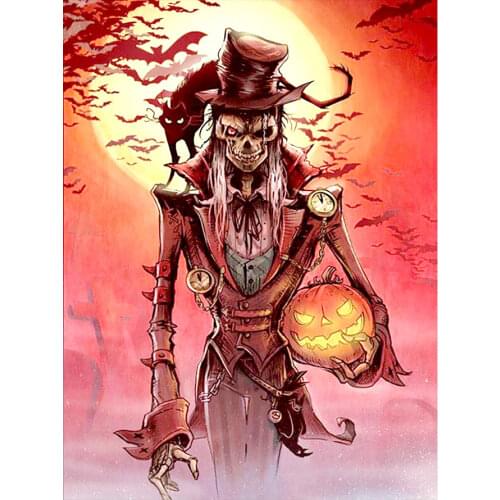 Skeleton Scarecrow Pumpkin Diamond Painting Round Full Drill DIY Mosaic Embroidery 5D Cross Stitch Halloween Portrait Pattern