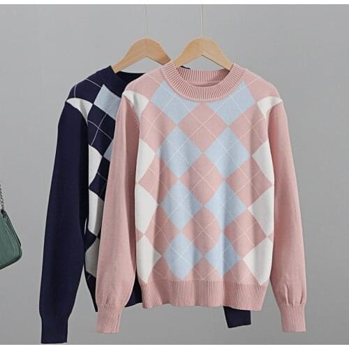 GIGOGOU Argyle Knit Women Sweater Crew Neck Long Sleeve Pullovers Autumn Winter Christmas Sweaters Chic Soft Knitwear Pull Femme