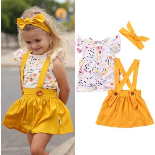 2019 Top Casual New Summer Girls Clothes Baby Girl Short Sleeve Printing T-shirt+headband+strap Skirt 3pcs Suit 1-5 Years Old