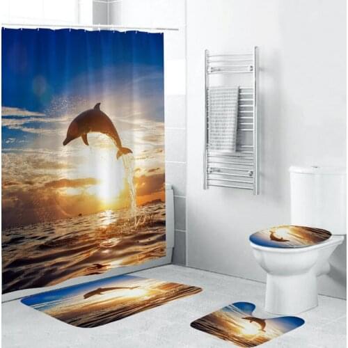 Ocean Design Dolphin 4 In 1 Waterproof Fabric Bathroom 3D Shower Curtain Set with Non Slip Toilet Cover Rugs Mat Home Decoration