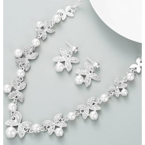Paved Rhinestone Pearl Blooming Necklace Earrings set for Women Upscale Dancing Party Evening Jewelry DRESS Accessories Boutique