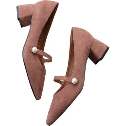 Women pumps Pointed Toe High heels Vintage Mary Jane Suede Thick with Single 4.5CM women shoes