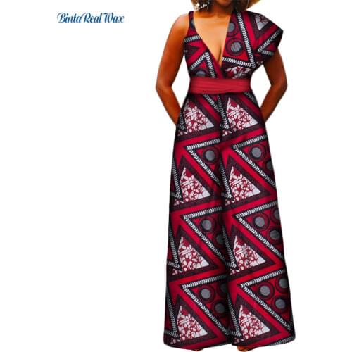 Fashion Women African Design Print Jumpsuit V-Neck Asymmetrical Shoulder Wide Pants Jumpsuit Women African Clothing WY3391