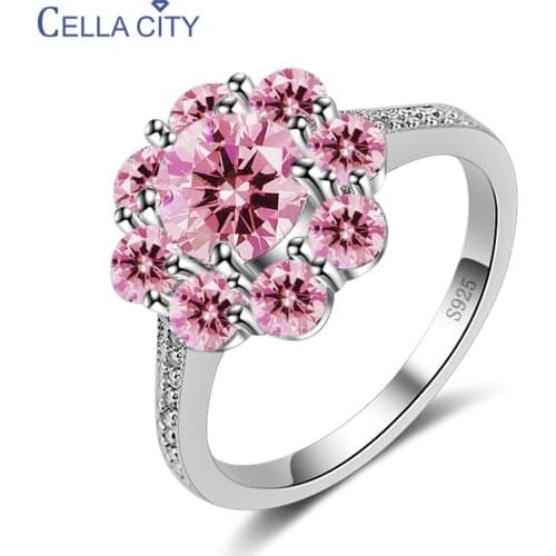 Cellacity Flower shaped Silver 925 Jewelry Gemstones Ring for Women White Pink Purple AAA Zircon Size6-10 Female Party Jewelry