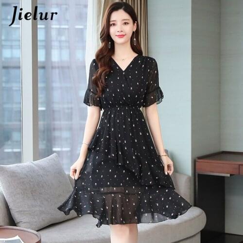 Jielur Chiffon V-neck Women Dress High Waist Elegant Vestidos Loose Slim A-line Short Sleeve Summer Dress Chic Dot Dresses