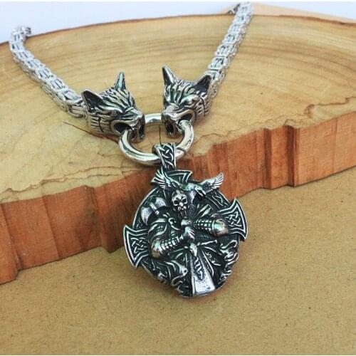 1pcs stainless steel viking wolf head chain with Odin by Helena Rosova pendant norse jewelry viking cross raven necklace