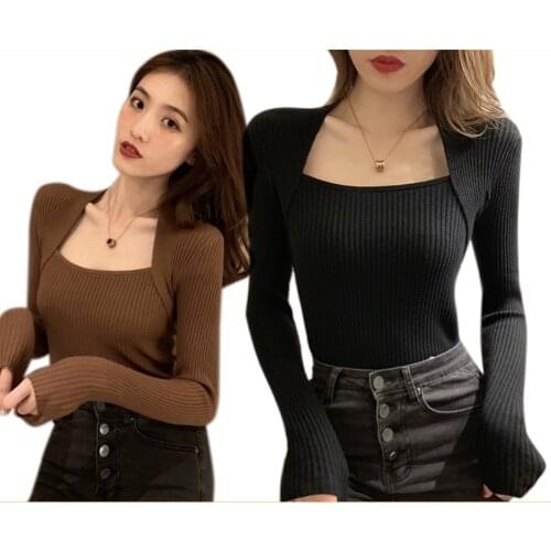 2 Pcs WomenS Bottoming Shirt Exposed Clavicle T-Shirt Fake 2-Piece Square Neck Slim Top One Size, Coffee Color & Black