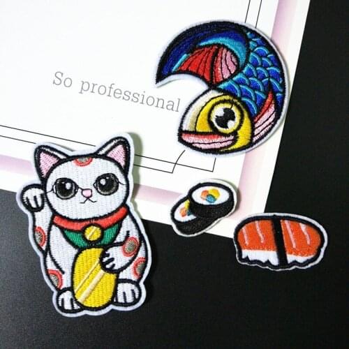 20pcs/lot Embroidery Patch Lucky Cat Salmon Sushi Animal Backpack Clothing Decoration Accessory Diy Iron Heat Transfer Applique