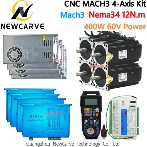 4 Axis Mach3 controller WHB04B4+MK4-ET+Nema34 Closed Loop Stepper Motor 12Nm + 2 Phase HBS860H Driver + 400W 60V Power NEWCARVE