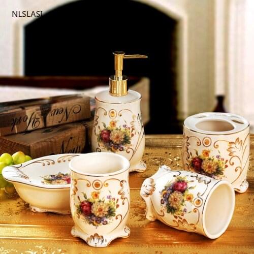 European style Ceramic Five-piece Set Wash Tools Lotion bottle Gargle cup Toothbrush Holder Soap box Bathroom Accessory Set